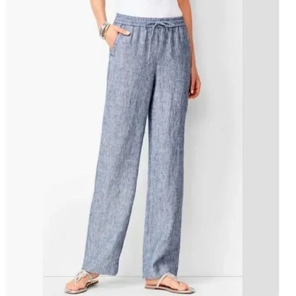 Talbots 100% Linen Drawstring Pinstripe‎ Pants Blue/White Size 12